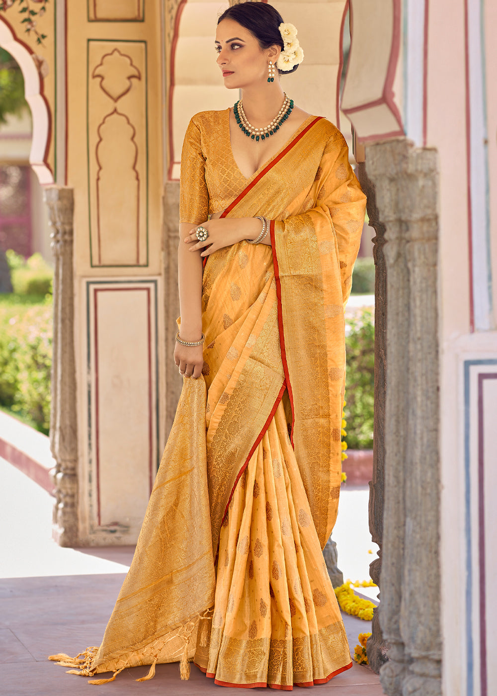 Buy MySilkLove Sandy Yellow Zari Woven Banarasi Linen Saree Online