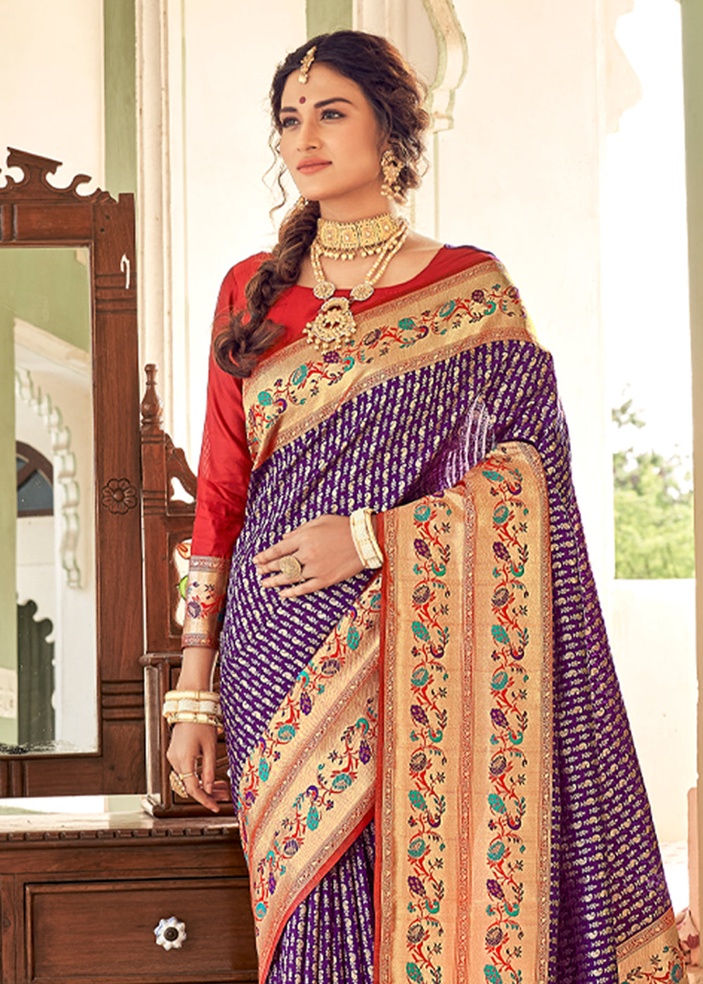 Buy MySilkLove Razzmic Purple and Red Zari Woven Banarasi Brocade Saree Online