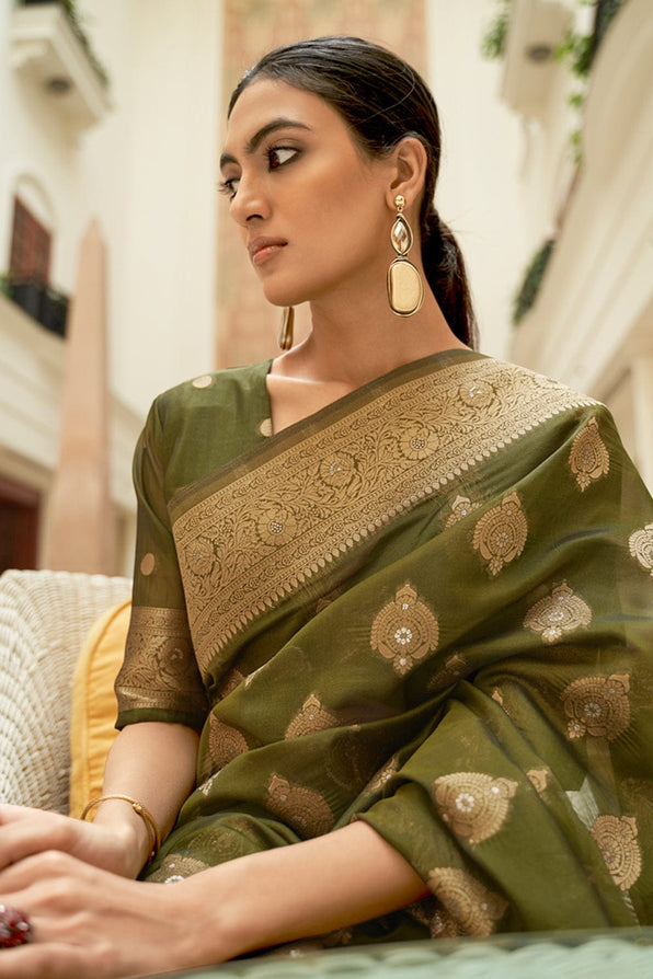 MySilkLove Yellow Metal Green Zari Woven Organza Silk Saree