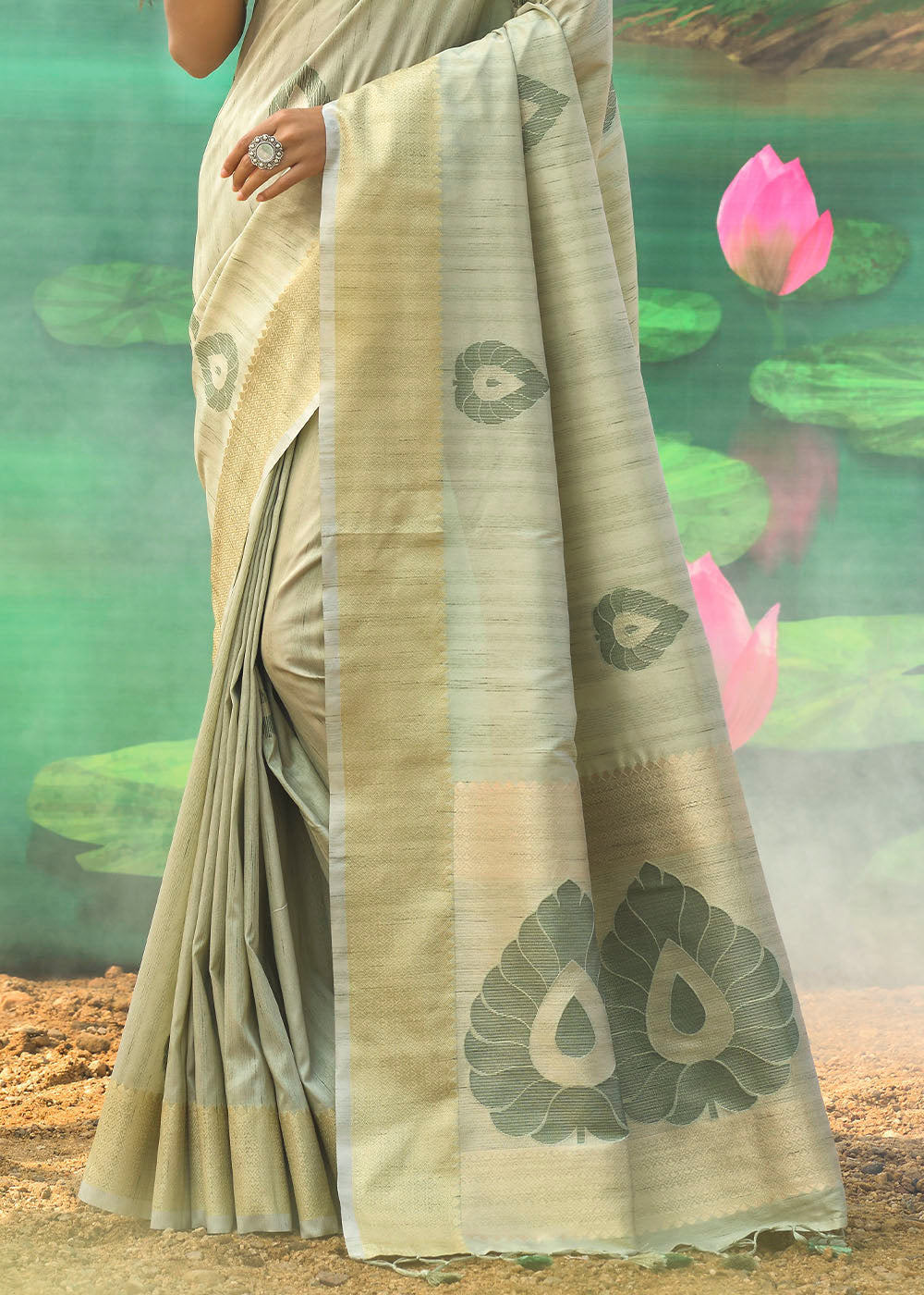 Buy MySilkLove Taupe Greyish Green Banarasi Jacquard Silk Saree Online