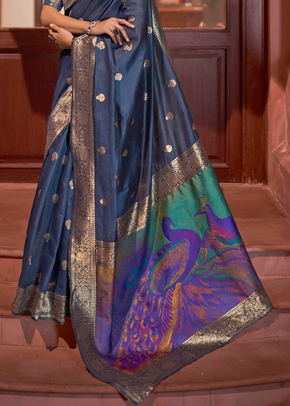 Buy MySilkLove Coral Pearl Blue Zari Woven Banarasi Saree with Peacock Pallu Online