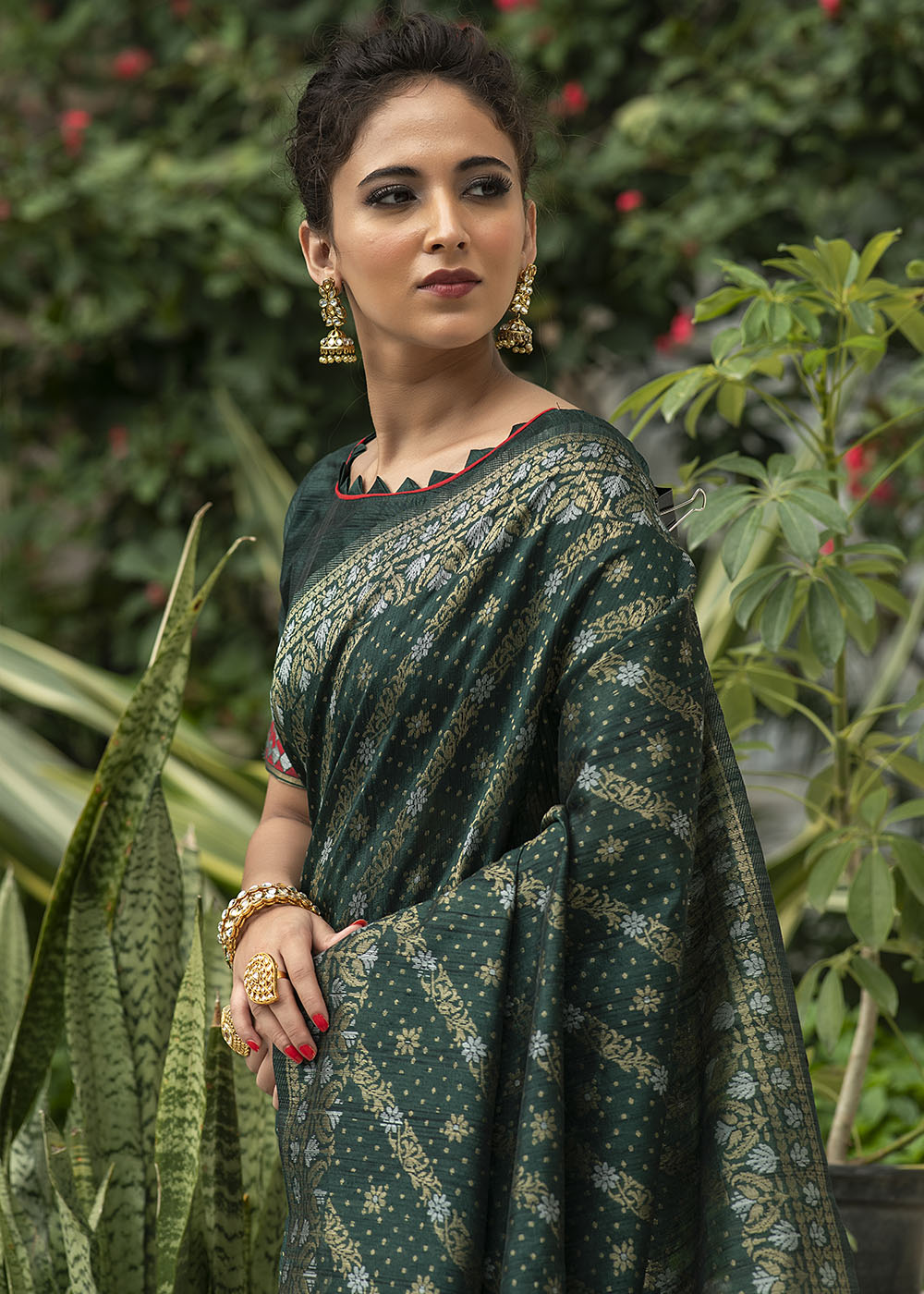 Buy MySilkLove Sark Green Zari Woven Tussar Silk Saree Online