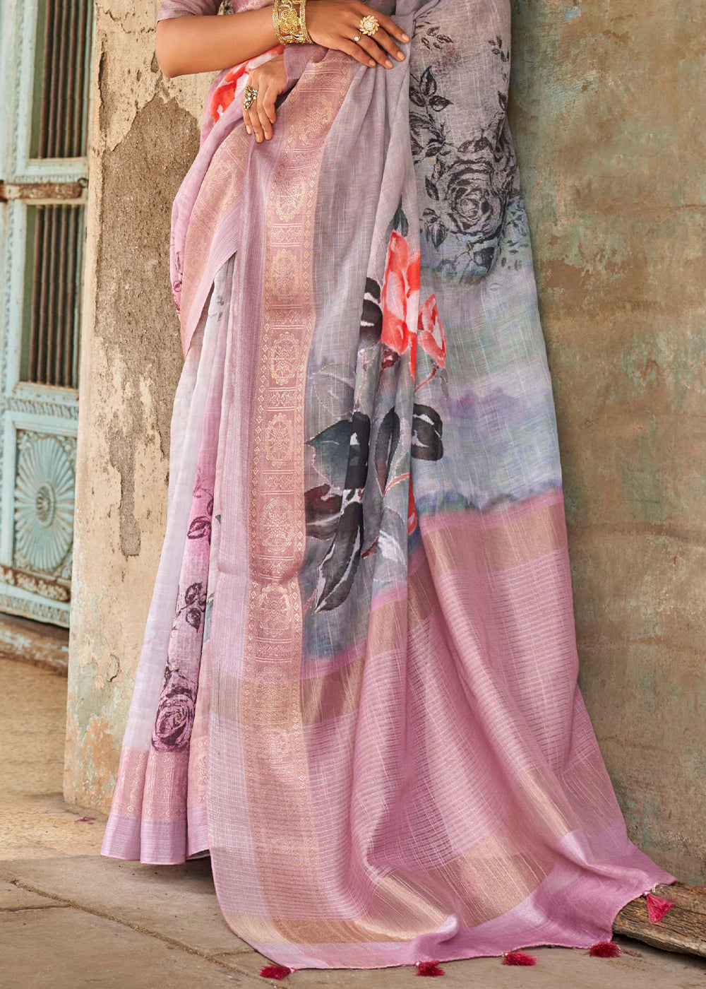 Buy MySilkLove Dawn Grey and Pink  Floral Printed Linen Silk Saree Online