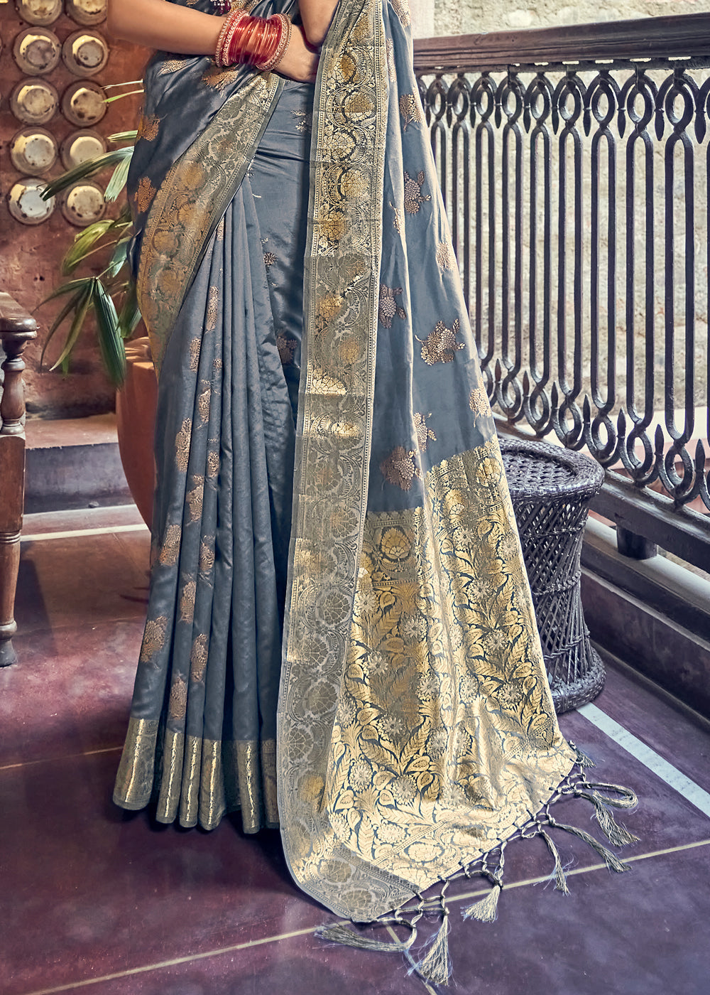 Buy MySilkLove Pale Sky Grey Zari Woven Banarasi Brocade Saree Online