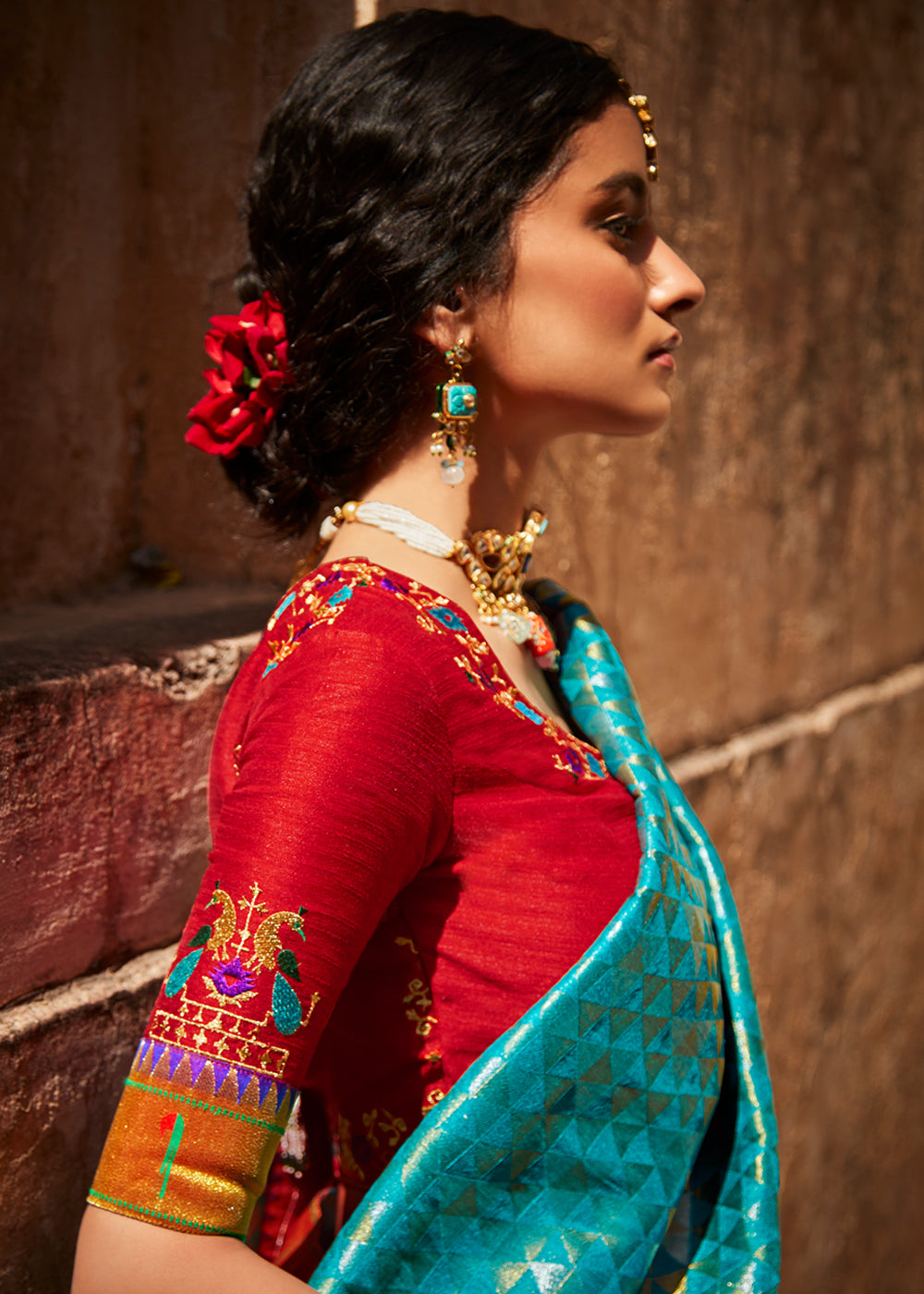 Buy MySilkLove Malachite Blue and Red Zari Woven Designer Banarasi Saree Online