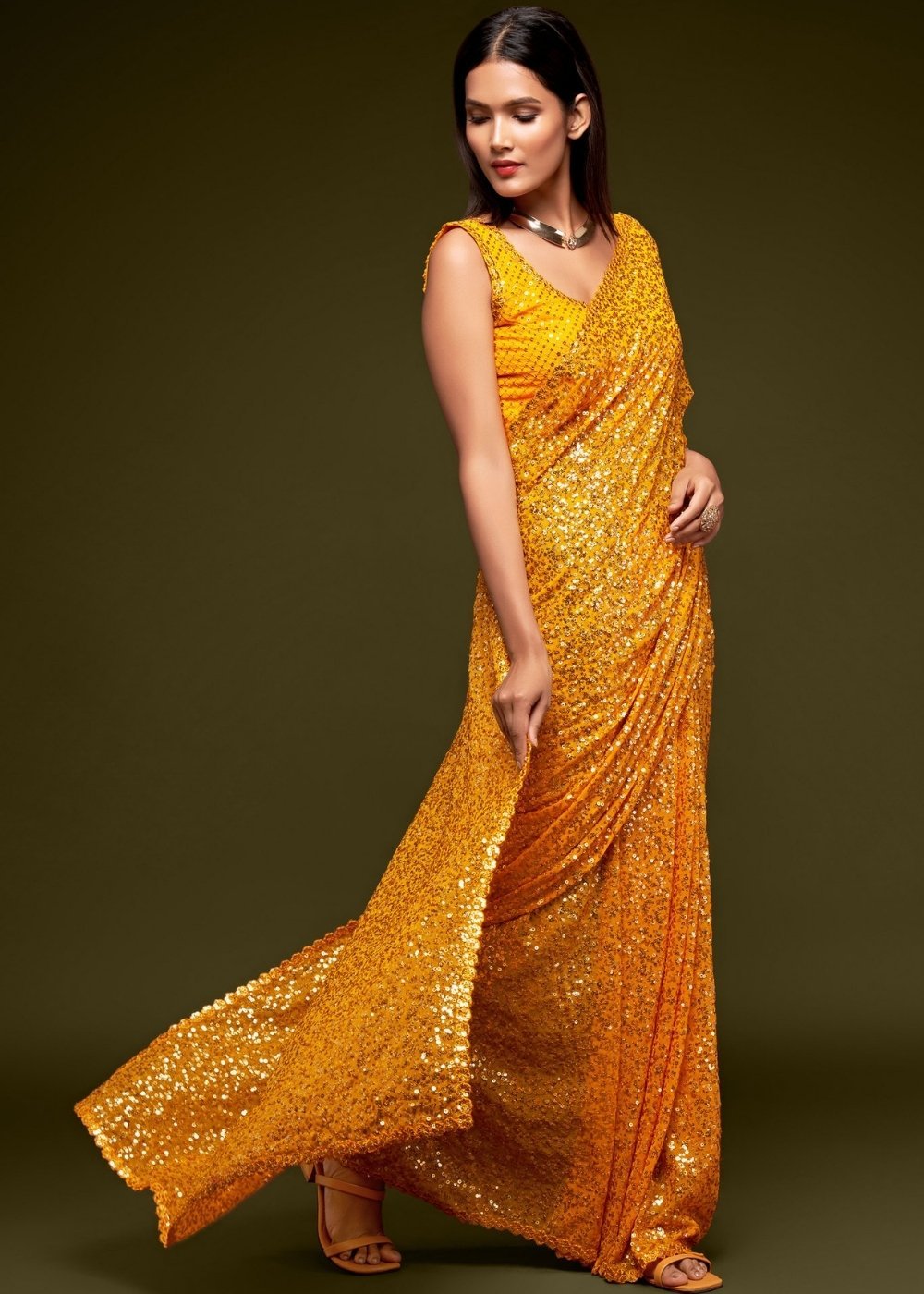 Buy MySilkLove Fire Bush Yellow Georgette Partywear Saree Online