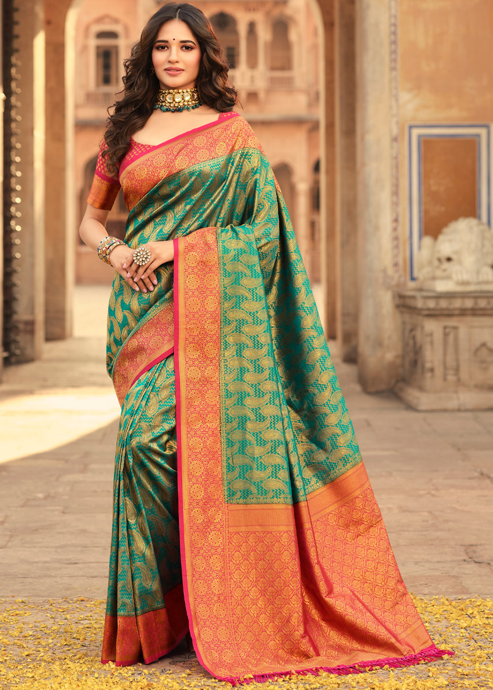 Buy MySilkLove Viridian Green and Red Zari Woven Kanjivaram Saree Online