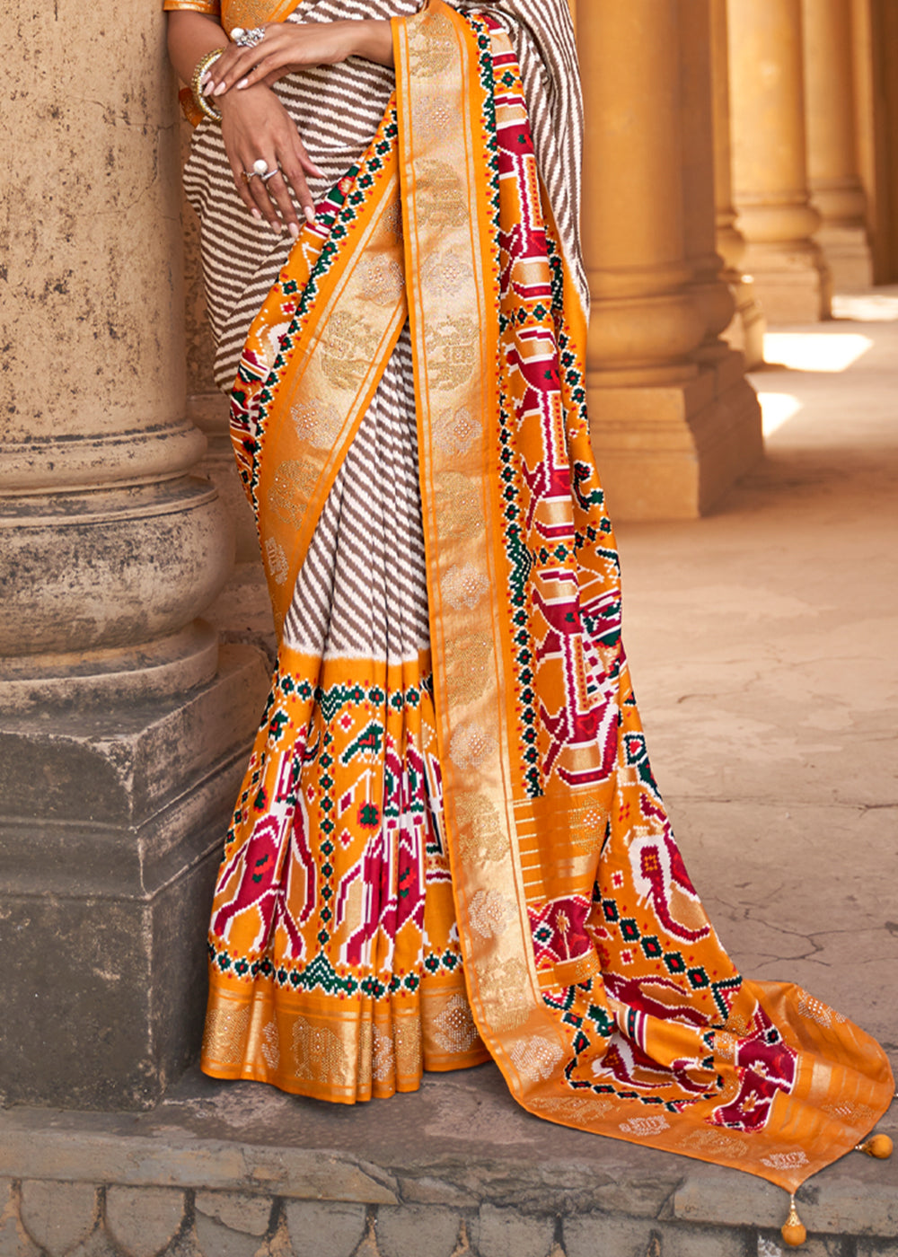 Buy MySilkLove Tango White and Orange Zari Woven Patola Saree Online