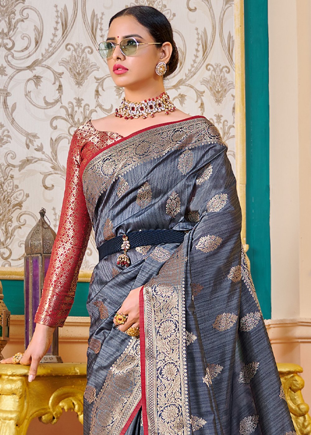 Buy MySilkLove Ship Grey Zari Woven Banarasi Saree Online