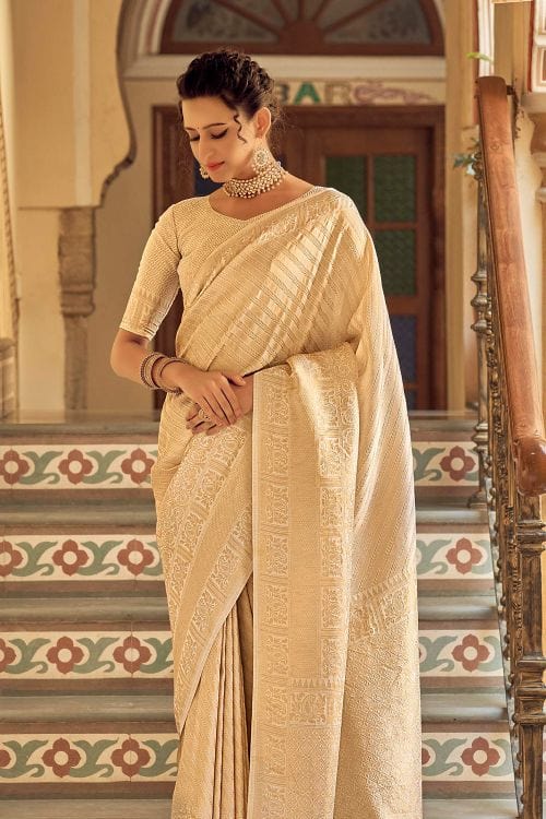 Buy MySilkLove Wheat Cream Zari Woven Tanchui Kanjivaram Fusion Silk Saree Online