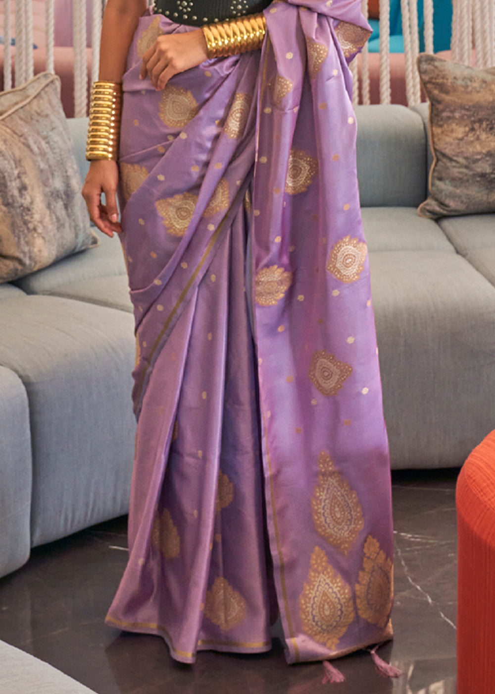 Buy MySilkLove Viola Purple Bronze Zari Woven Satin Silk Saree Online