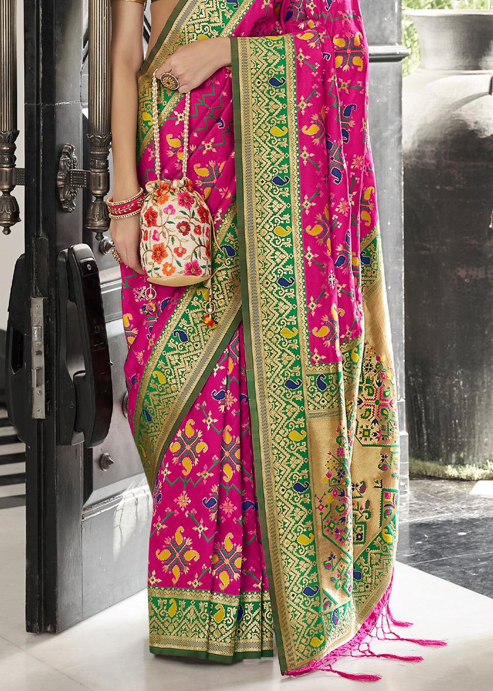 Buy MySilkLove Bittersweet Pink and Green Zari Woven Banarasi Patola Saree Online