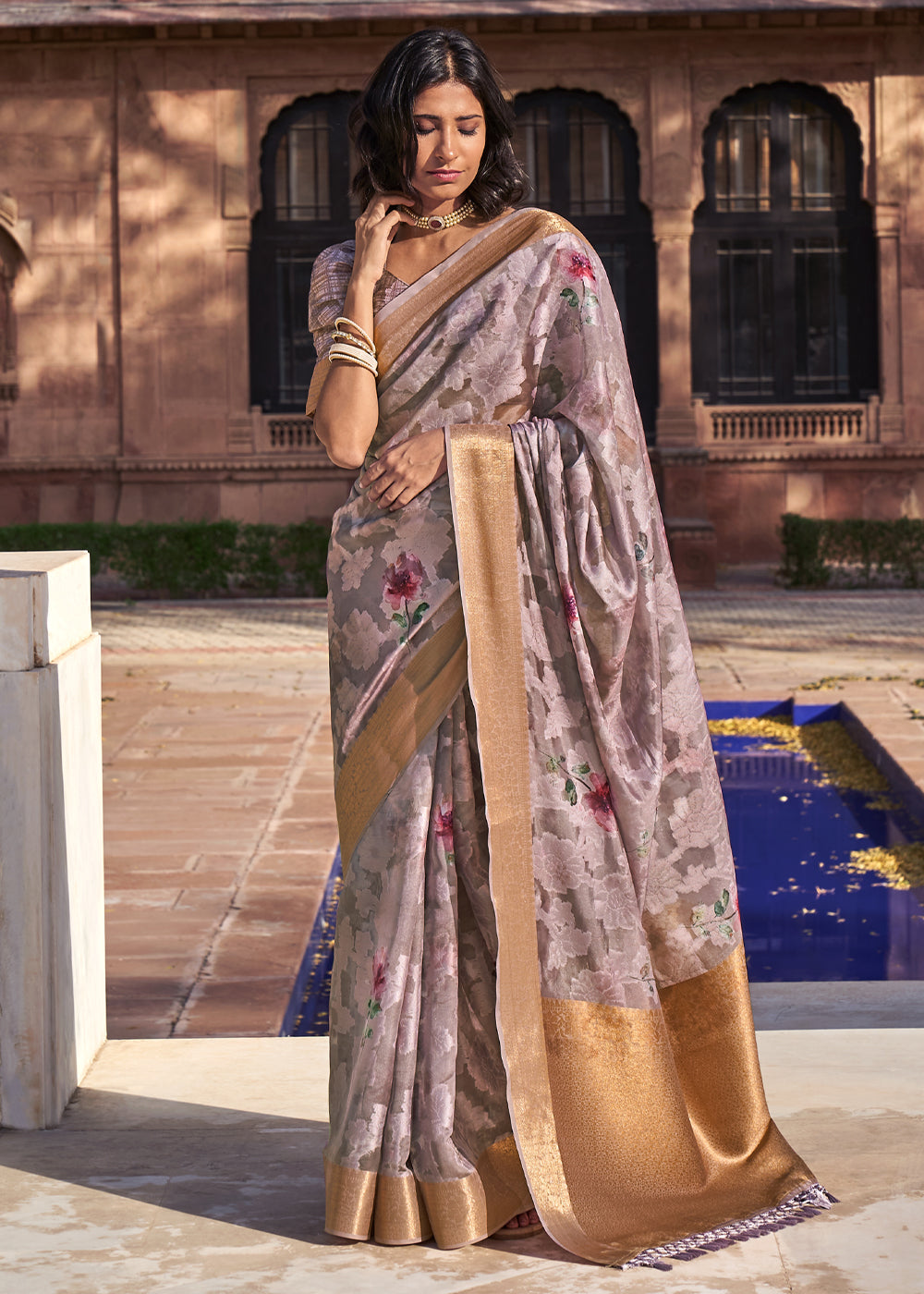 Buy MySilkLove Del Rio Purple Digital Printed Banarasi Cotton Saree Online