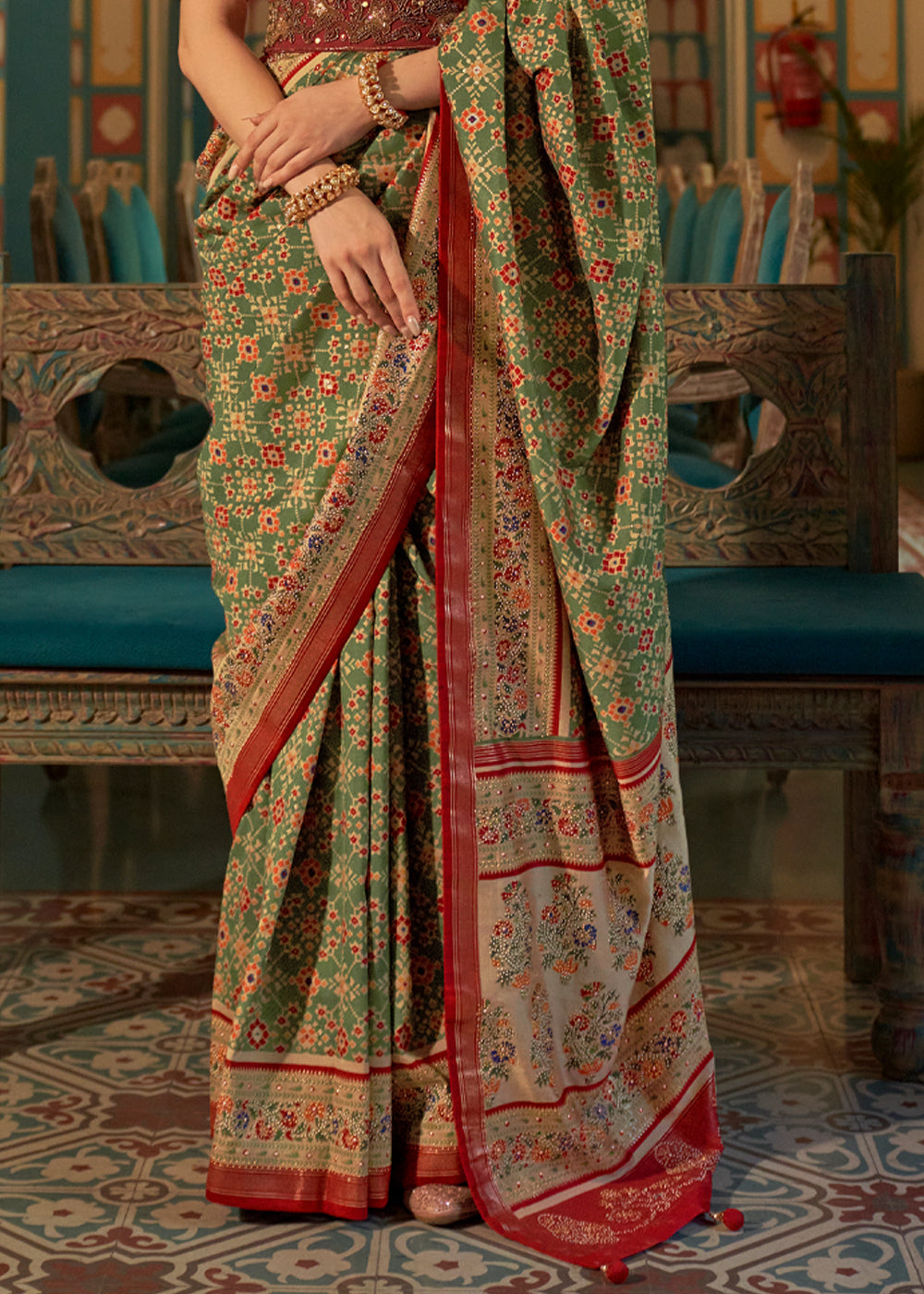 Buy MySilkLove Metal Green and Red Woven Patola Silk Saree Online