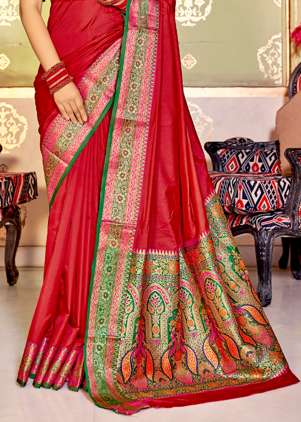 Buy MySilkLove Valencia Red and Green Zari Woven Banarasi Soft Silk Saree Online