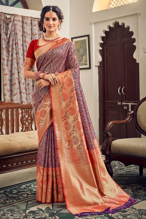 Buy MySilkLove Rose Fog Purple and Red Zari Woven Banarasi Saree Online