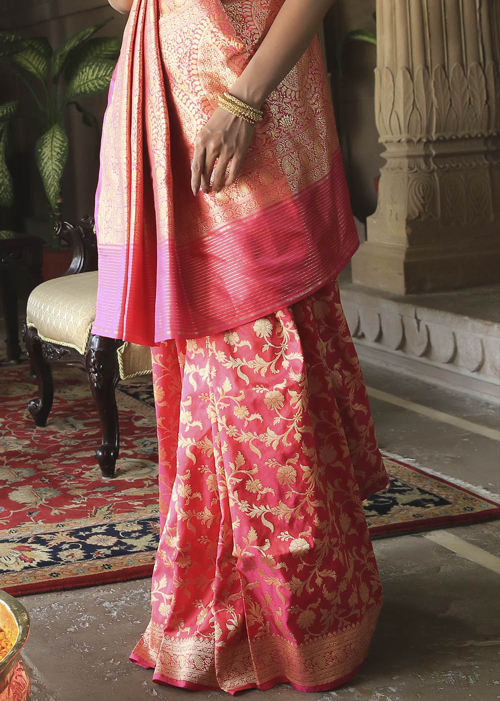 Buy MySilkLove Valencia Pink Katan Pure Silk Handwoven Kadwa Jaal Saree Online