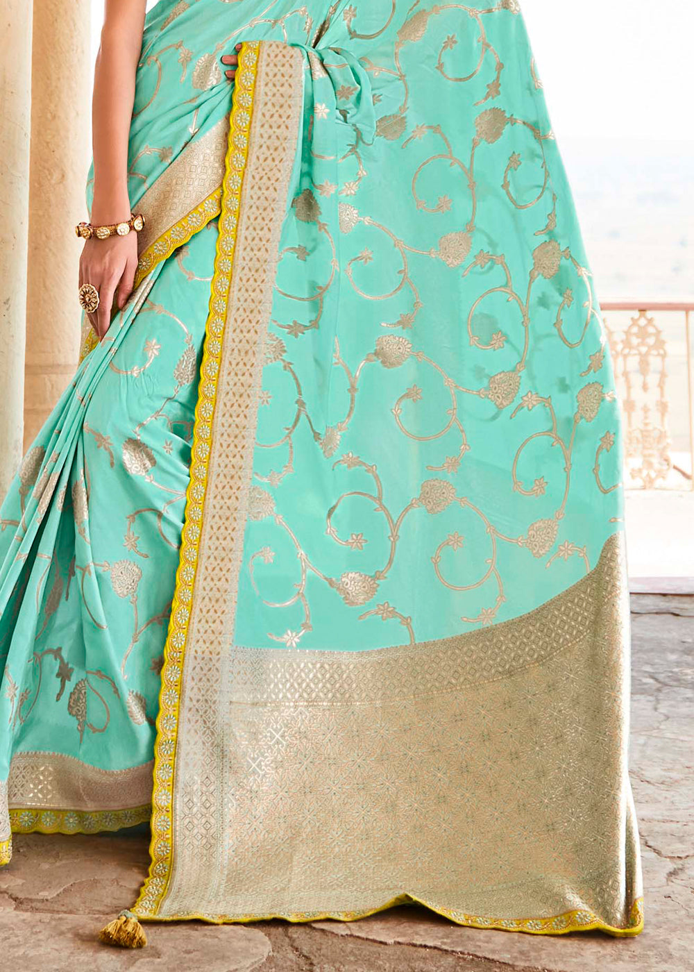 Buy MySilkLove Riptide Blue and Yellow Zari Woven Designer Banarasi Saree Online