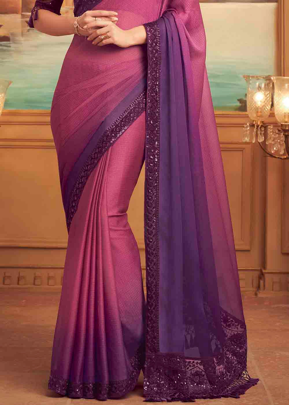 Buy MySilkLove Camelot Pink Purple Embroidered Satin Silk Designer Saree Online