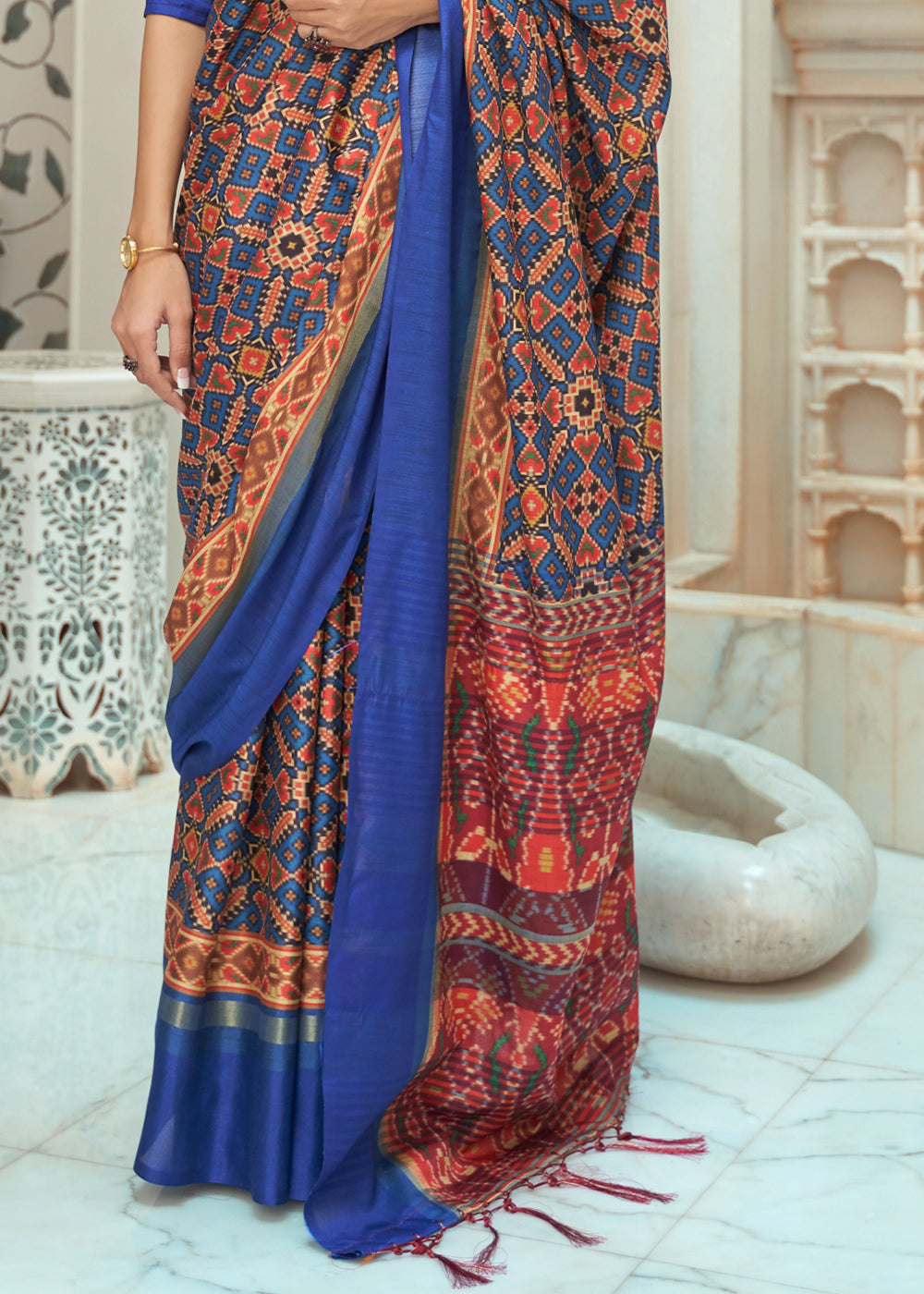 Buy MySilkLove Cape Palliser Brown and Blue Patola Digital Printed Saree Online