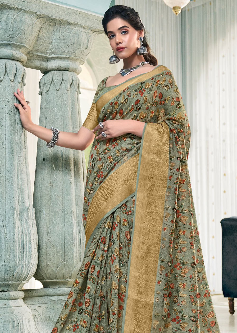 Buy MySilkLove Clay Creek Green Banarasi Printed Saree Online