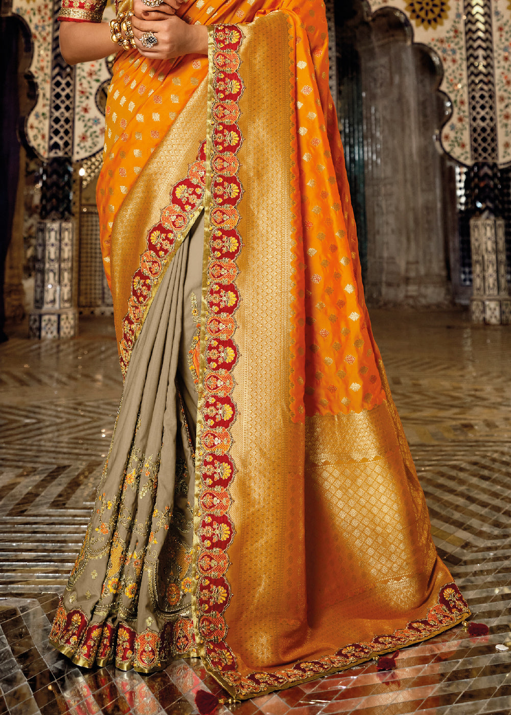 Buy MySilkLove Cedar Chest Orange Zari Woven Designer Banarasi Saree Online