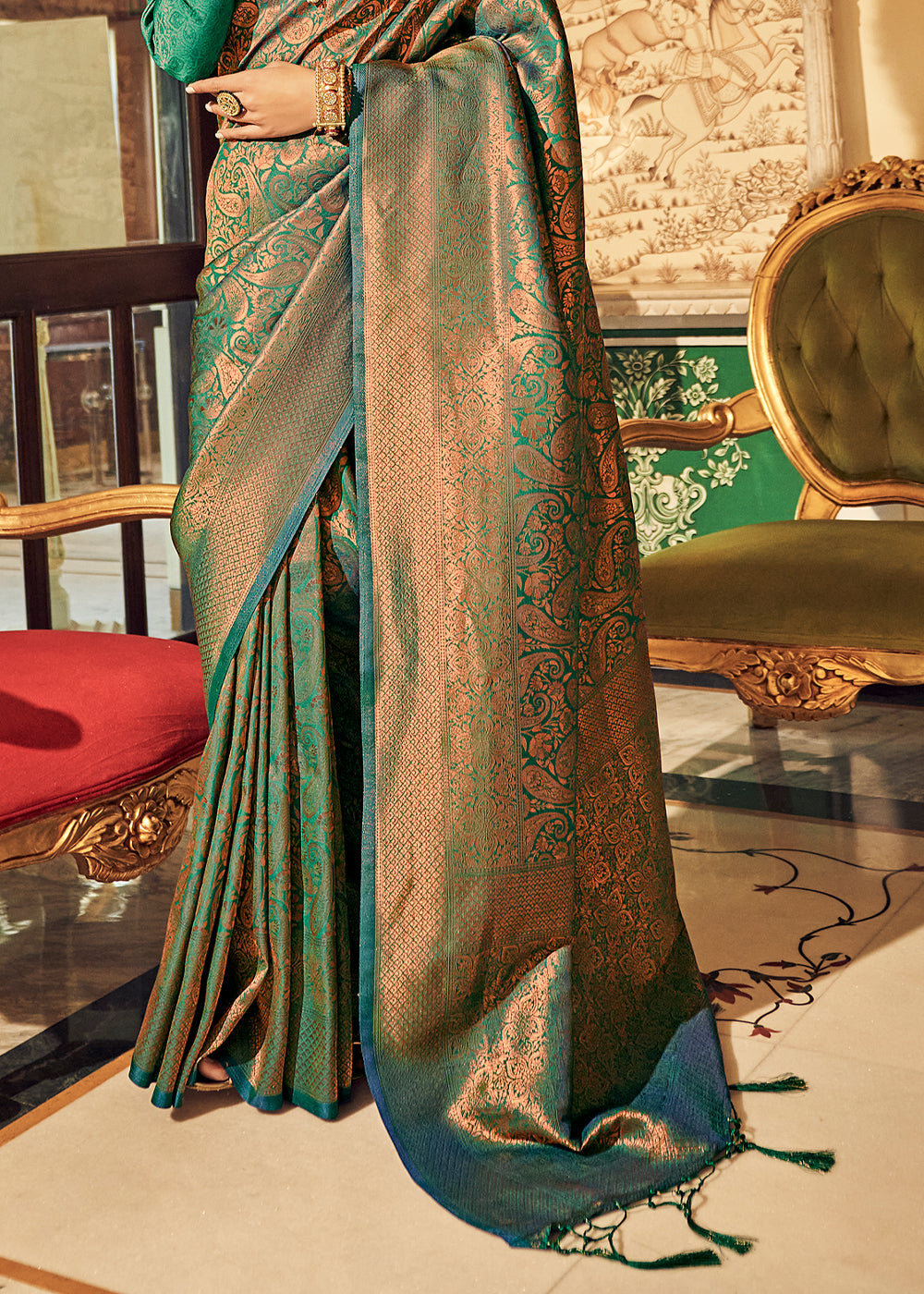 Buy MySilkLove Downy Green Zari Woven Kanjivaram Silk Saree Online