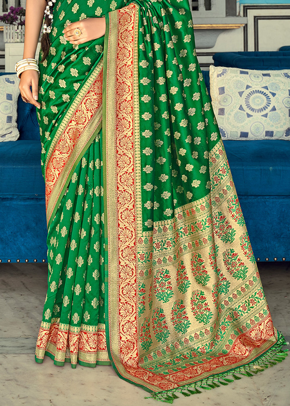 Buy MySilkLove Fern Green and Red Zari Woven Banarasi Saree Online