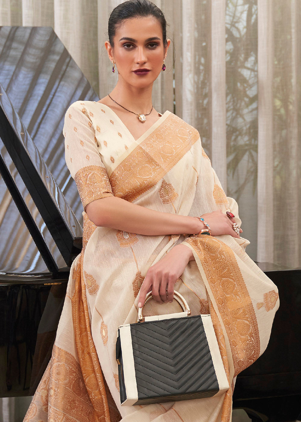 Buy MySilkLove Apricot White Zari Woven Linen Saree Online