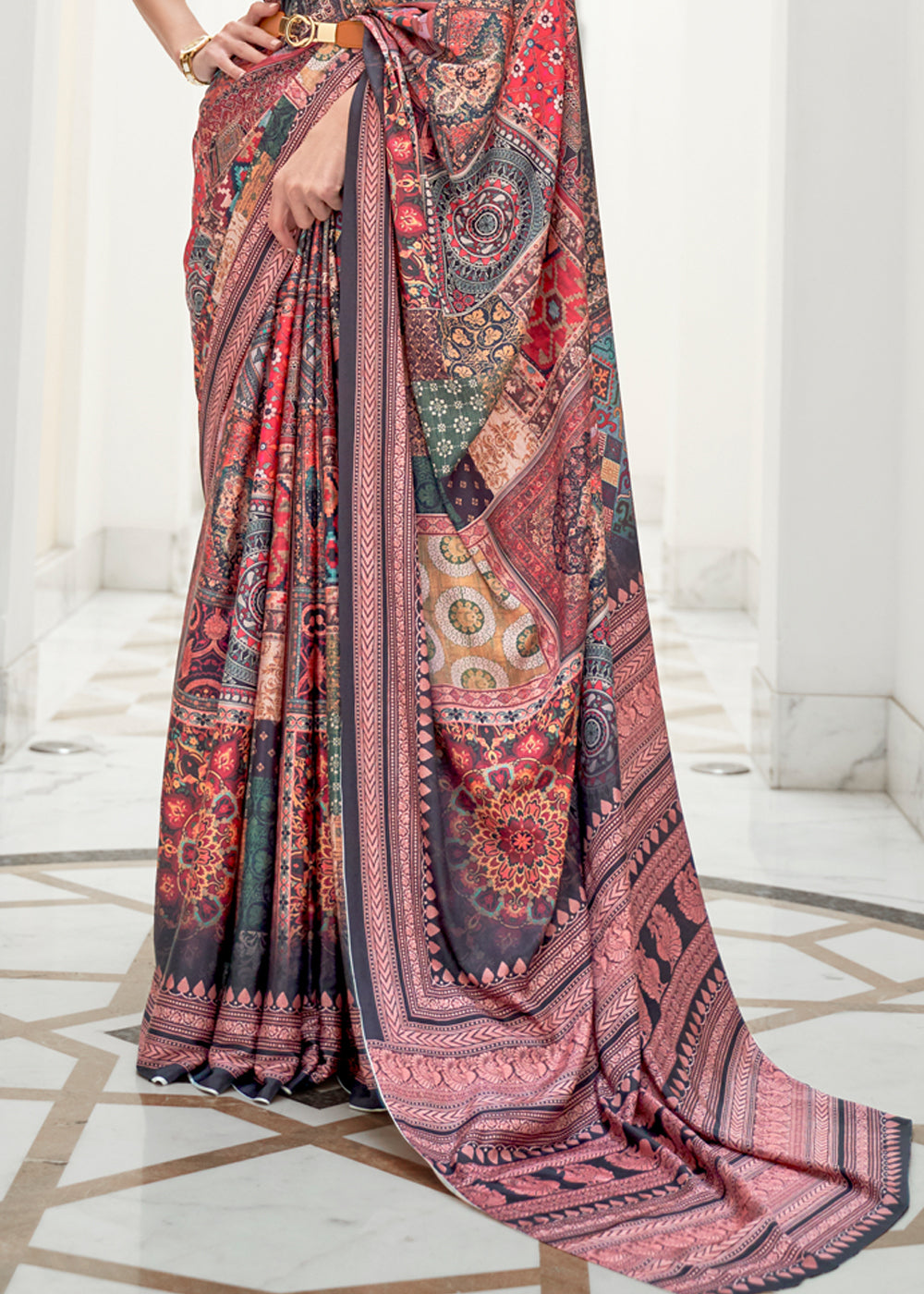 Buy MySilkLove Opium Purple and Dark Grey Kalamkari Printed Crepe Saree Online