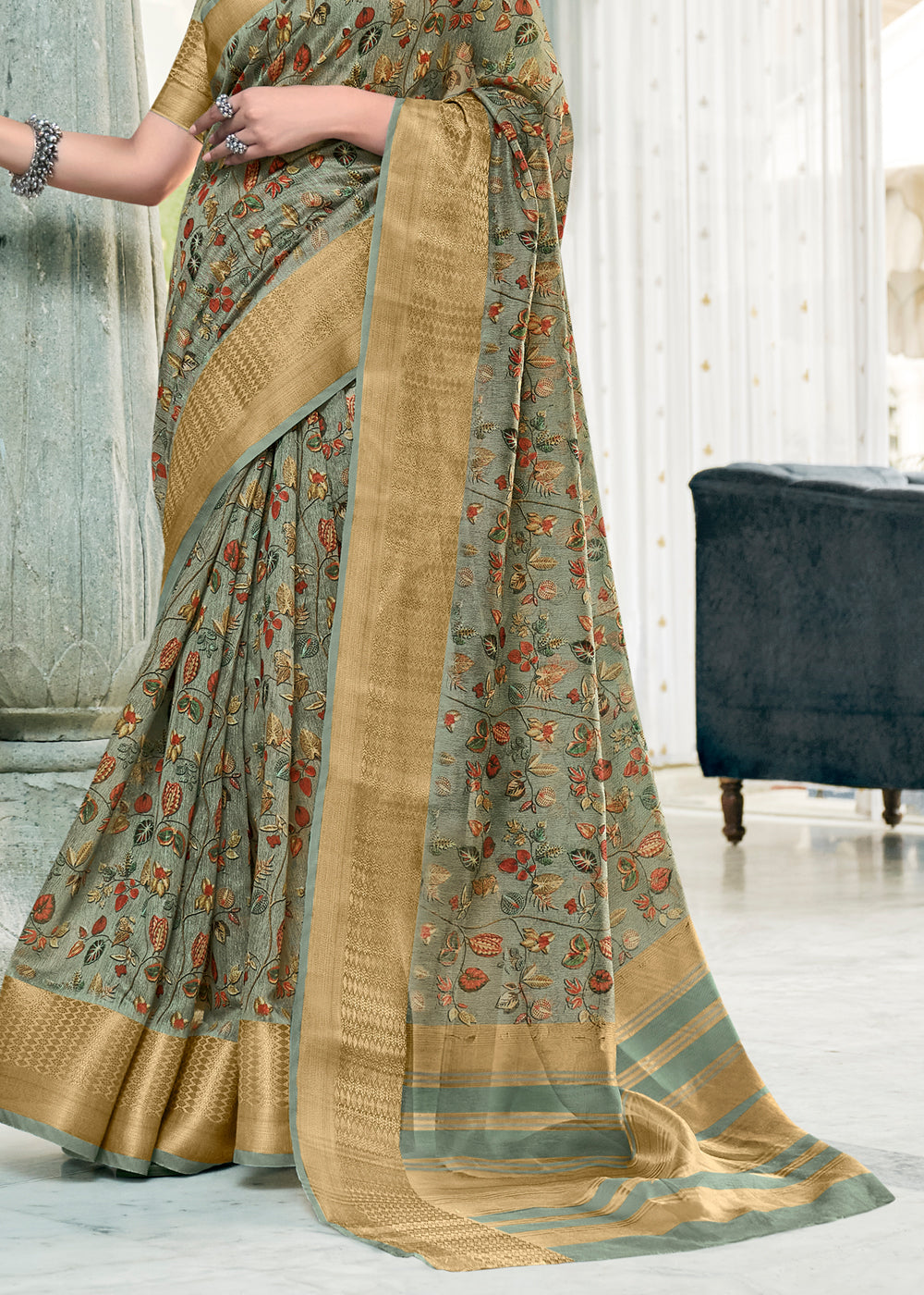 Buy MySilkLove Clay Creek Green Banarasi Printed Saree Online