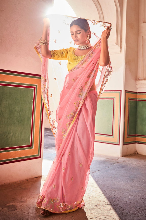 Buy MySilkLove Sweet Pink and Yellow Organza Saree Online