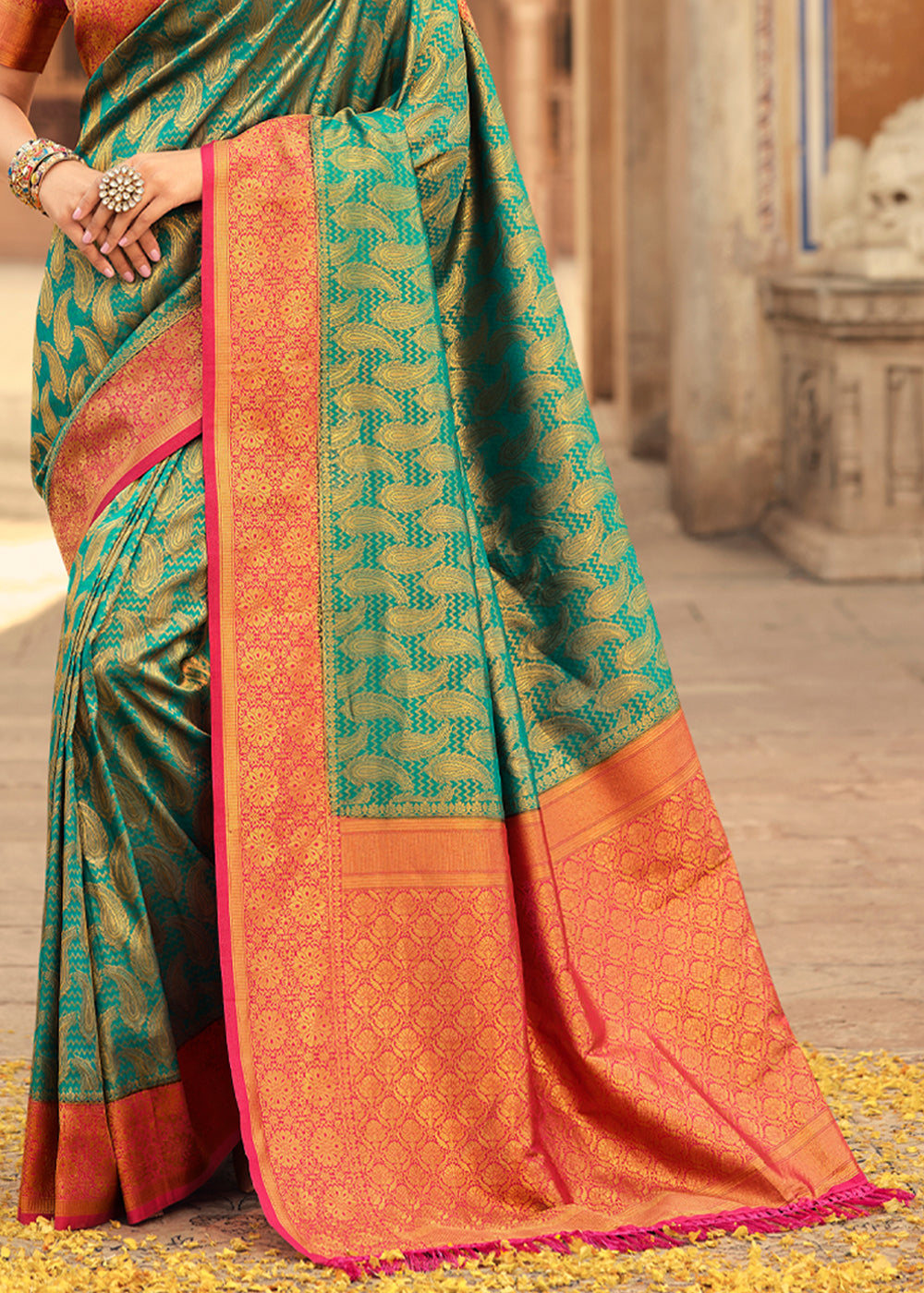 Buy MySilkLove Viridian Green and Red Zari Woven Kanjivaram Saree Online