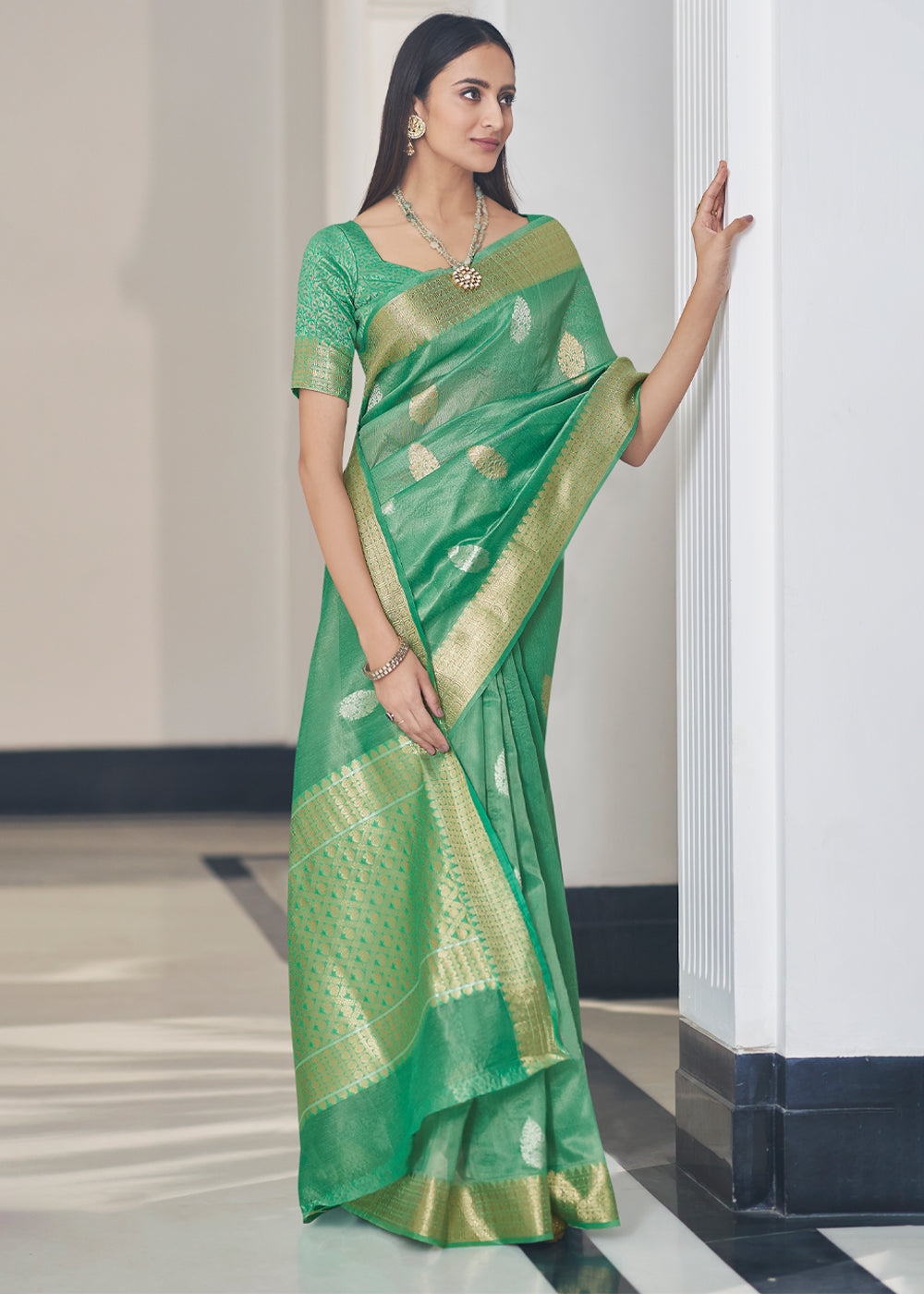 Buy MySilkLove Forest Green Zari Woven Tissue Banarasi Silk Saree Online