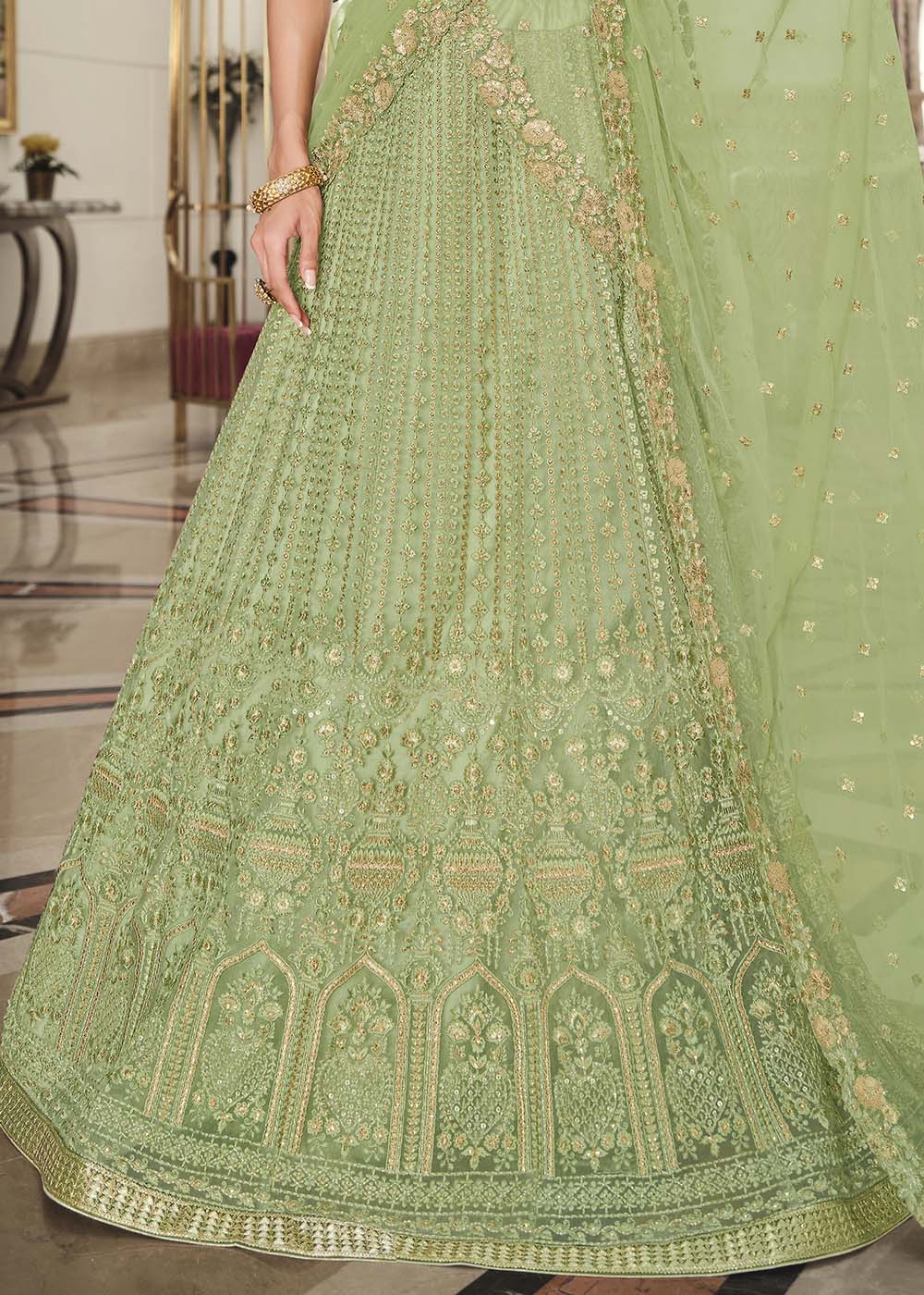 Buy MySilkLove Pine Glade Green Net Designer Lehenga With Heavy Embroidered Work Online