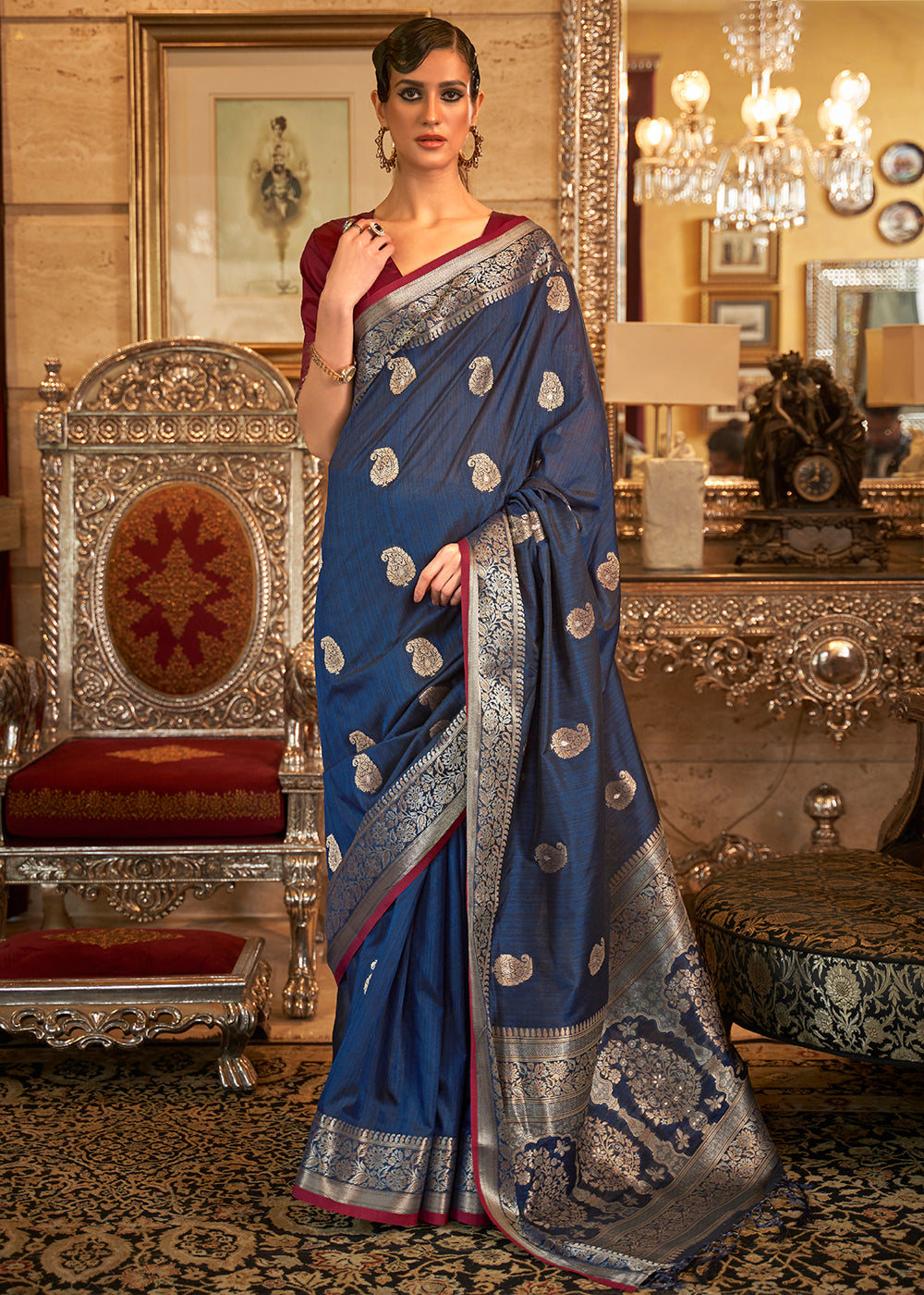 Buy MySilkLove River Bed Blue and Red Zari Woven Tussar Saree Online