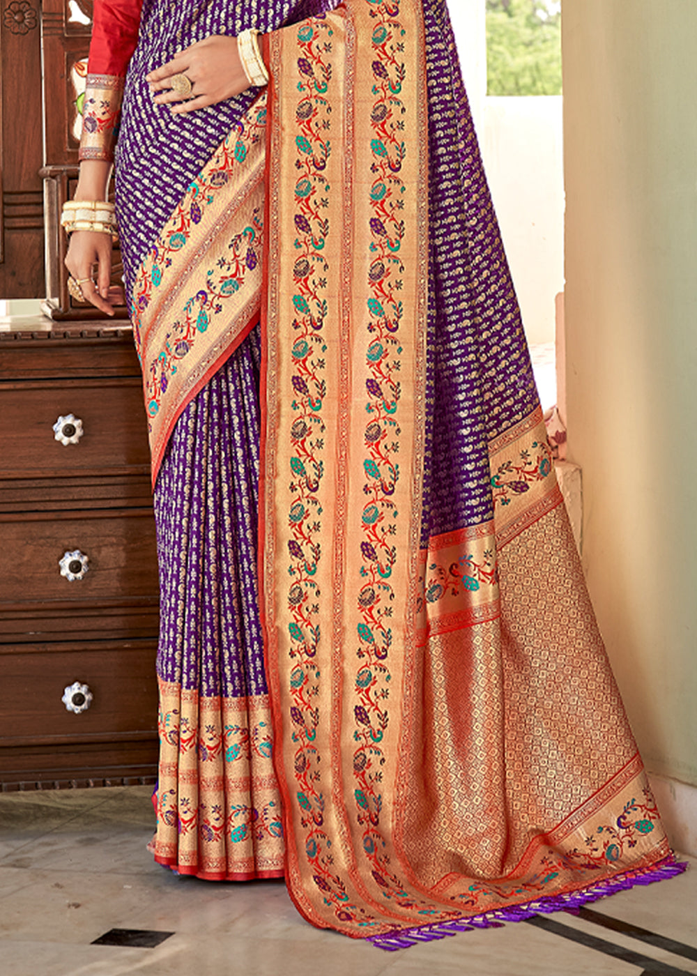 Buy MySilkLove Razzmic Purple and Red Zari Woven Banarasi Brocade Saree Online