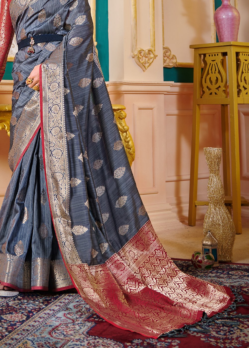 Buy MySilkLove Ship Grey Zari Woven Banarasi Saree Online