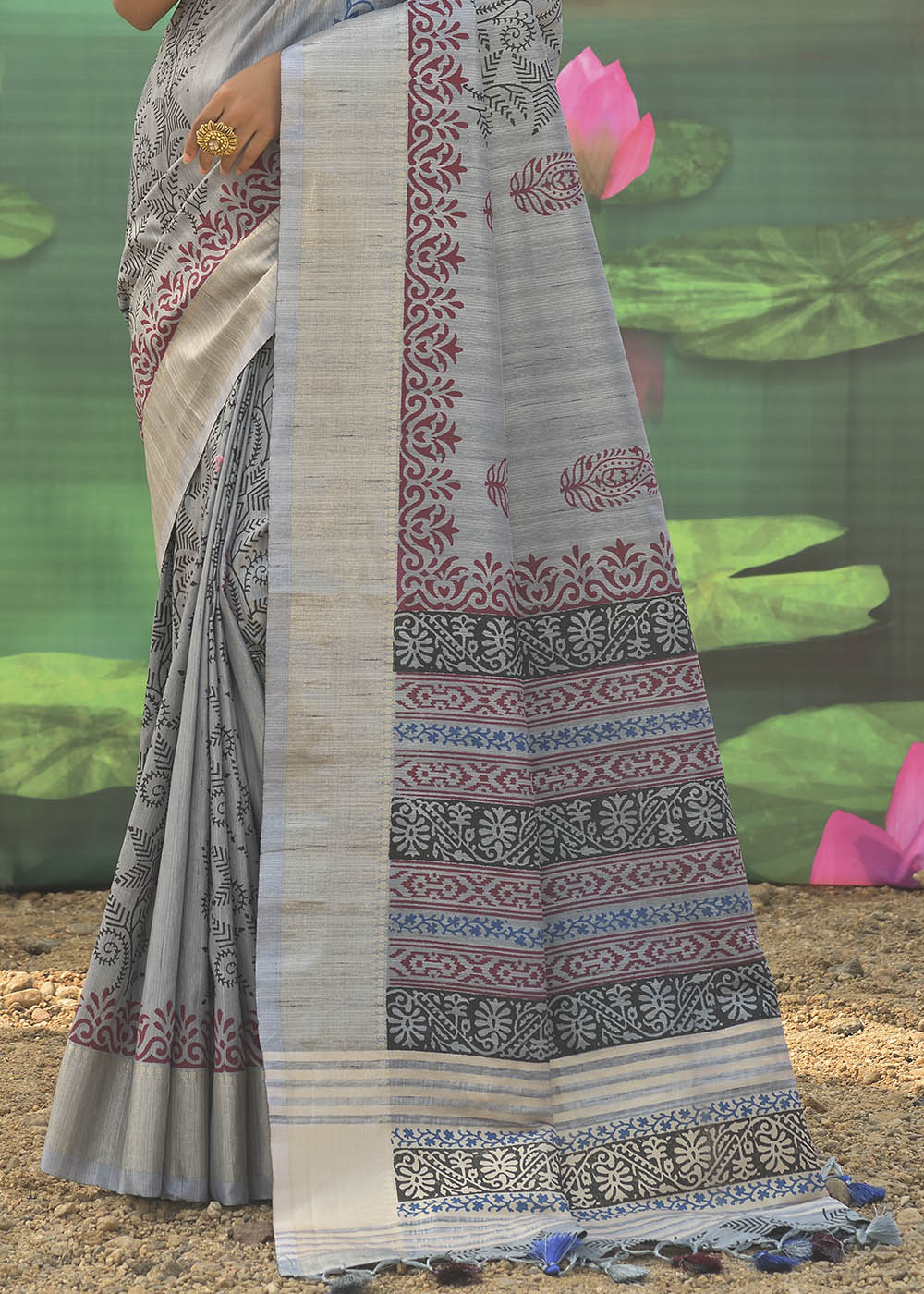 Buy MySilkLove Star Grey Cotton Silk Printed Saree Online