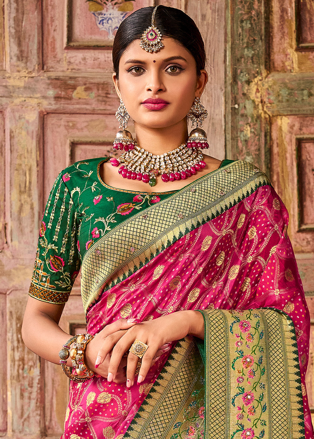 MySilkLove Watermelon Pink and Green Patola Printed Dola Silk Saree With Embroidered Blouse