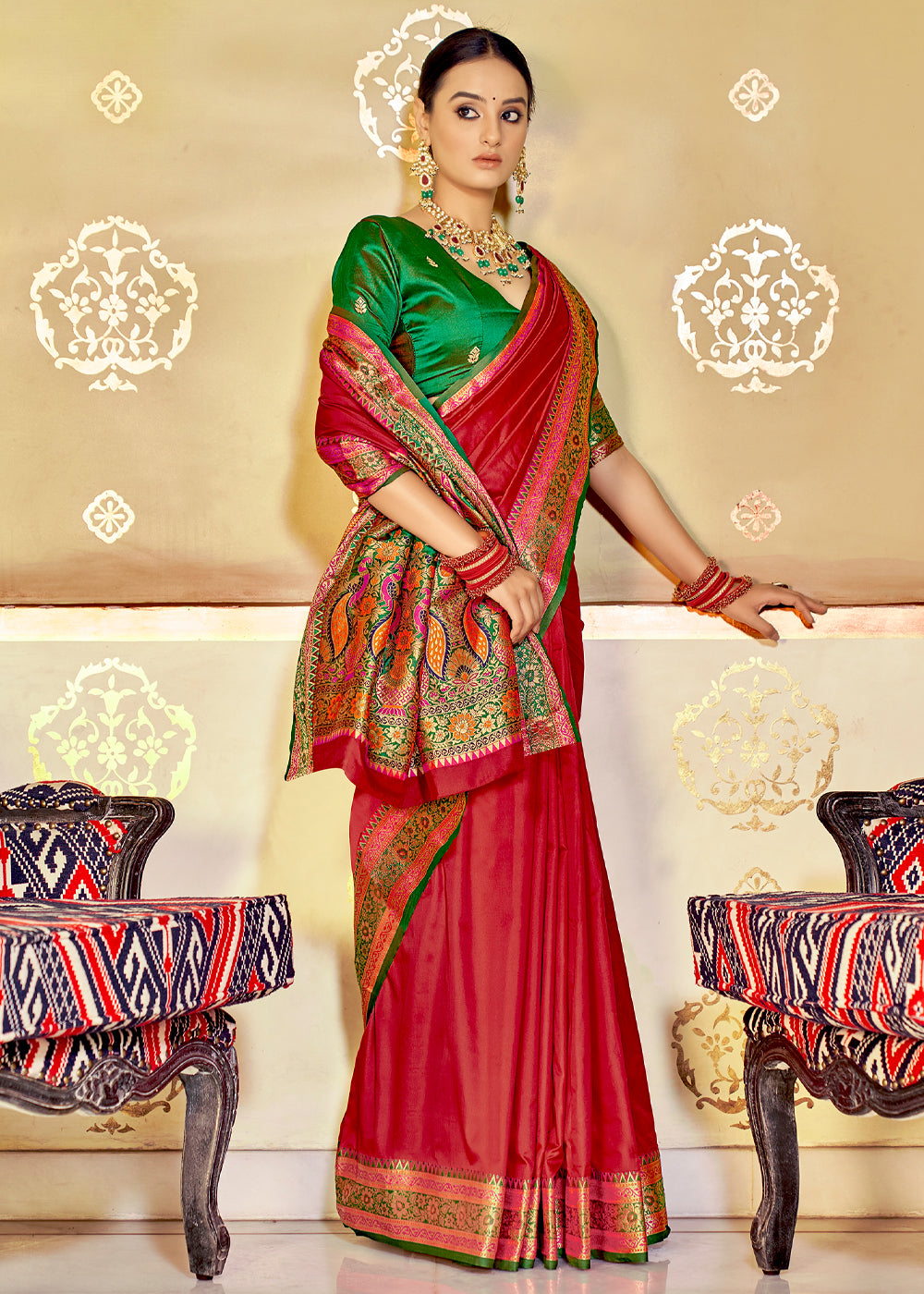 Buy MySilkLove Valencia Red and Green Zari Woven Banarasi Soft Silk Saree Online