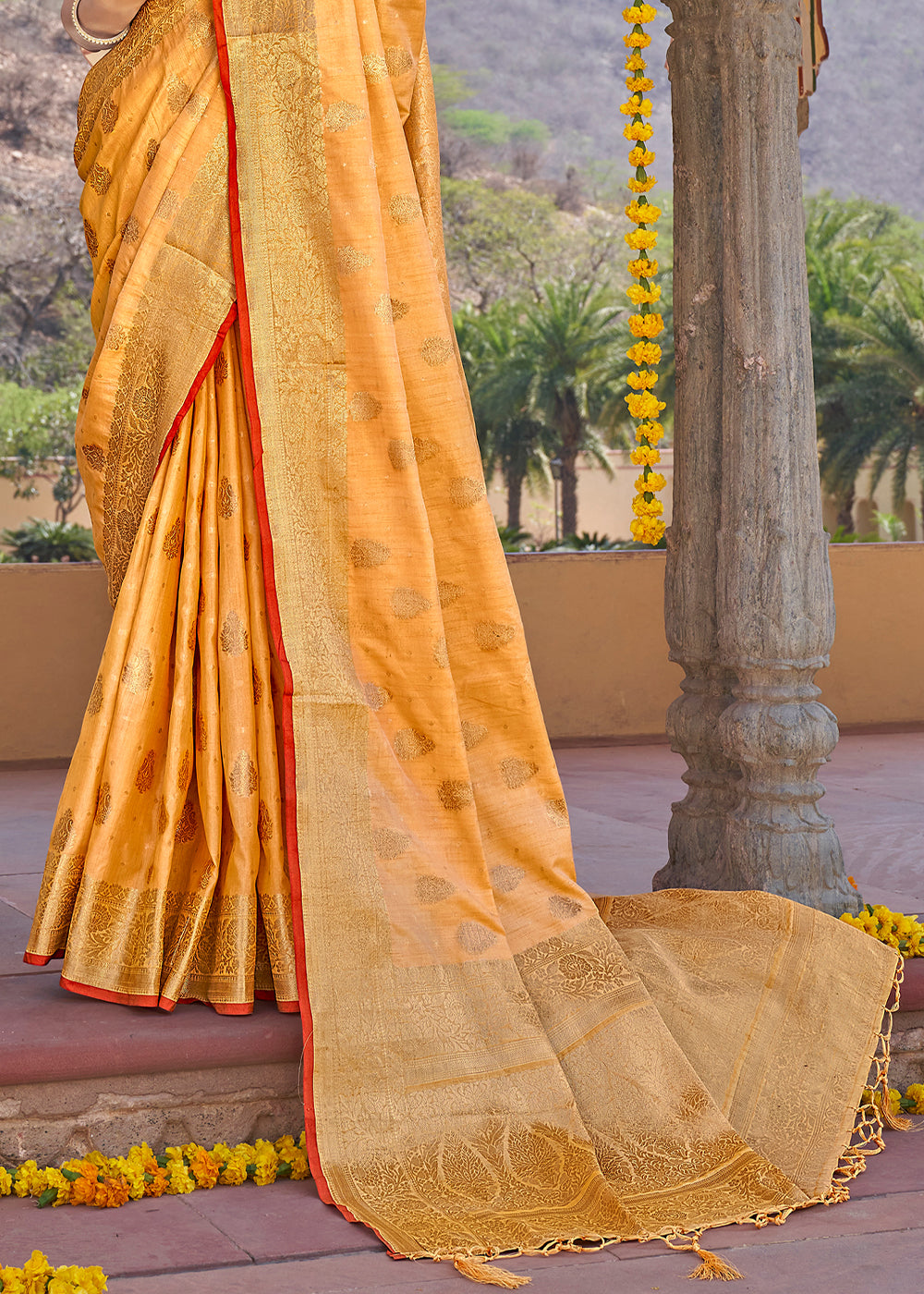 Buy MySilkLove Sandy Yellow Zari Woven Banarasi Linen Saree Online