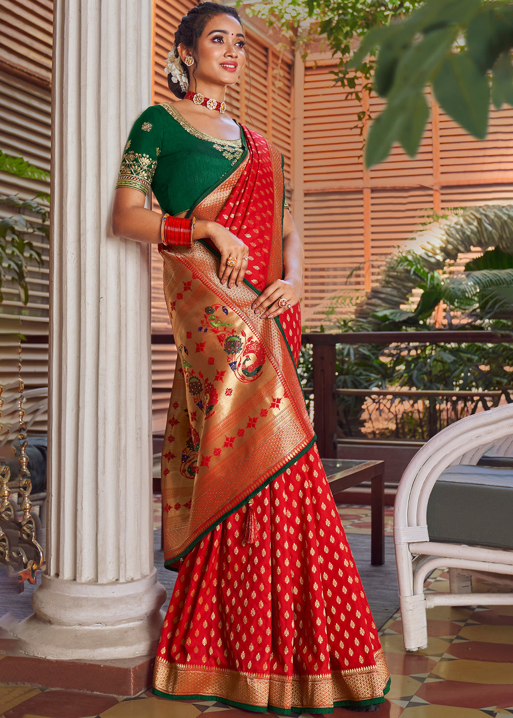 Buy MySilkLove Tomato Red and Green Zari Woven Banarasi Brocade Saree Online