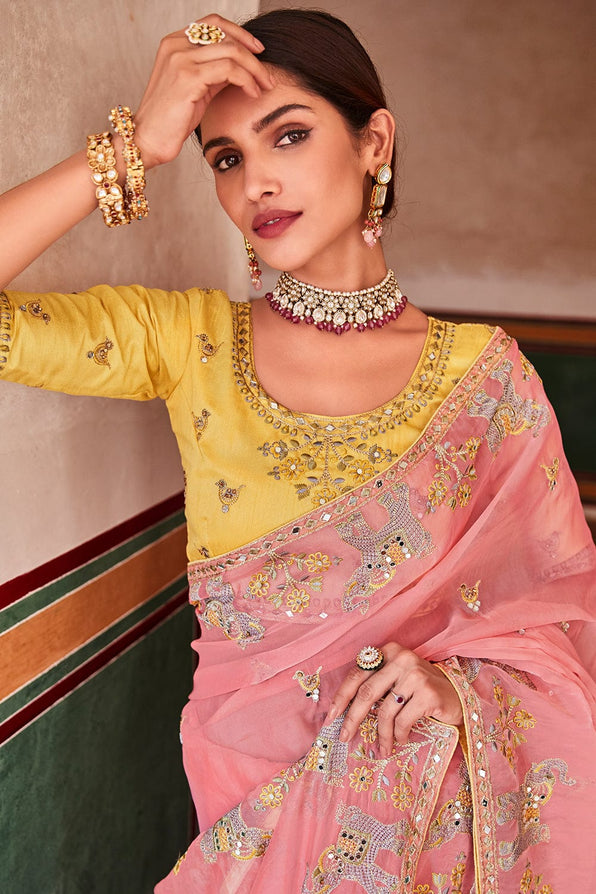 Buy MySilkLove Sweet Pink and Yellow Organza Saree Online