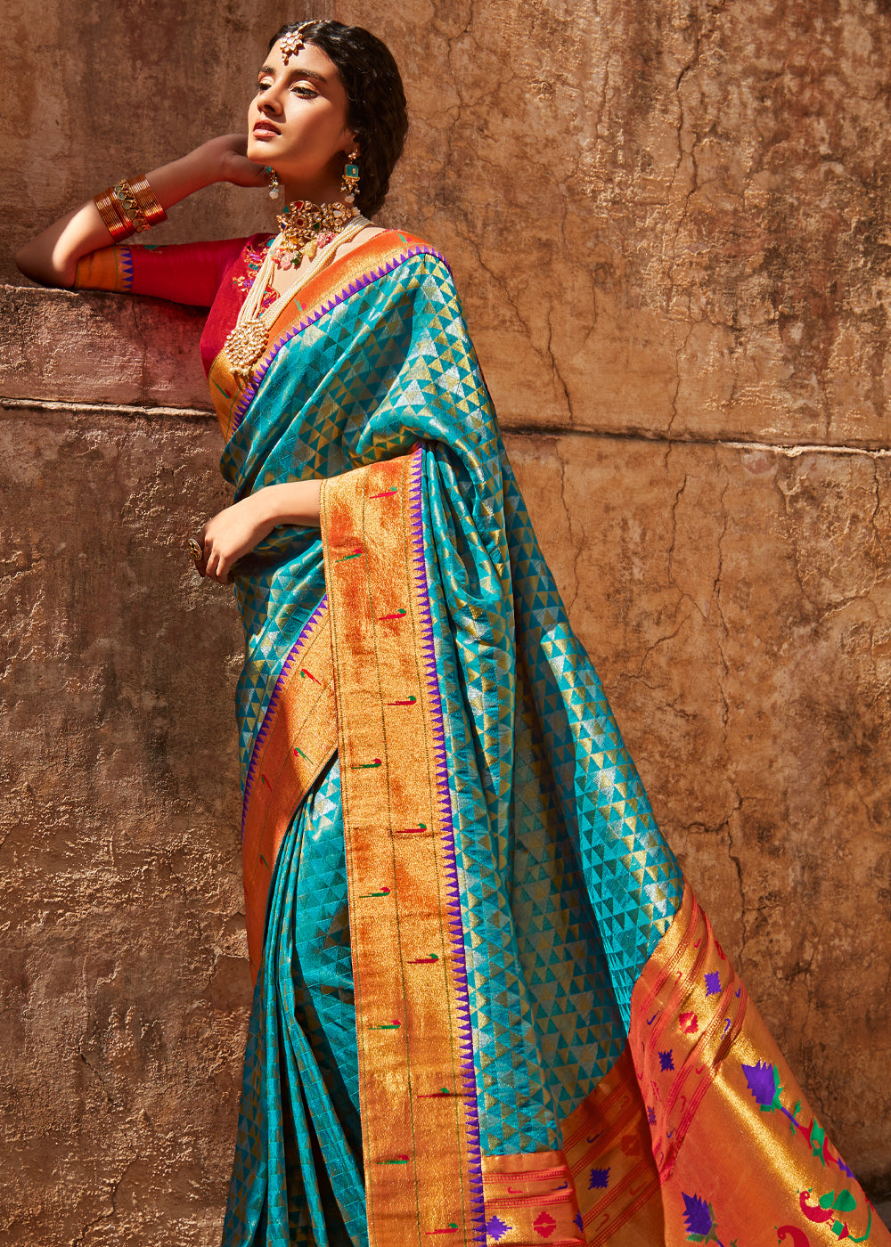 Buy MySilkLove Malachite Blue and Red Zari Woven Designer Banarasi Saree Online