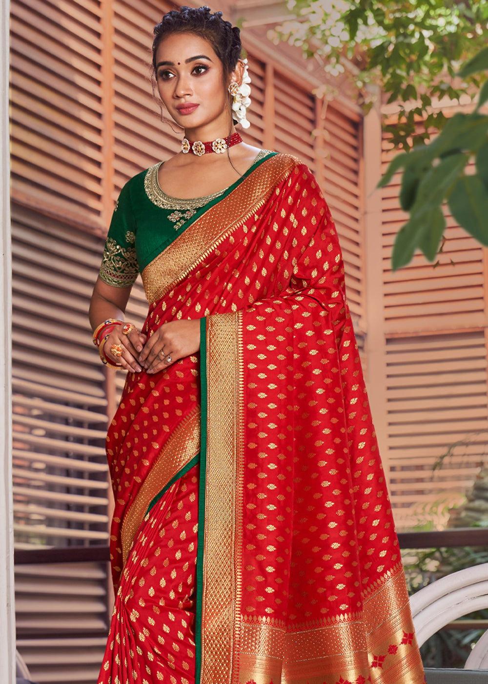 Buy MySilkLove Tomato Red and Green Zari Woven Banarasi Brocade Saree Online