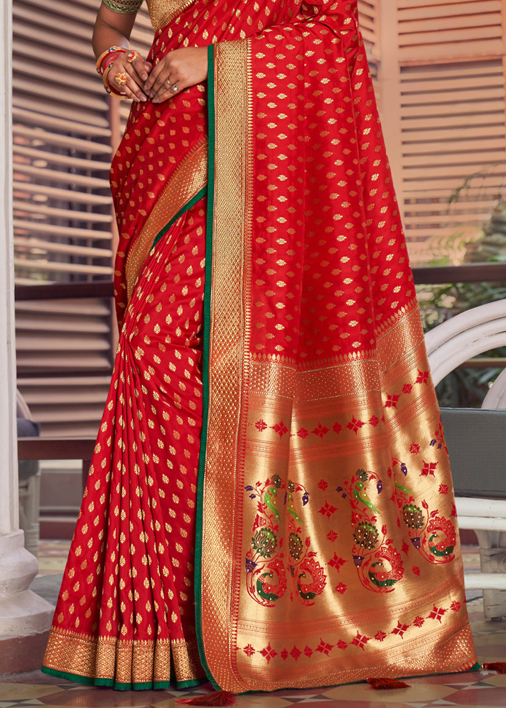 Buy MySilkLove Tomato Red and Green Zari Woven Banarasi Brocade Saree Online