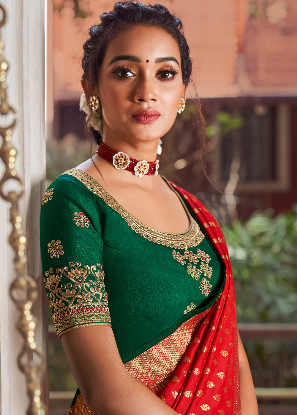 Buy MySilkLove Tomato Red and Green Zari Woven Banarasi Brocade Saree Online