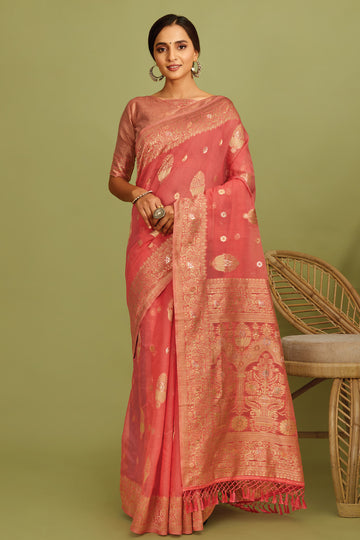 Buy MySilkLove Roman Light Pink Zari Woven Linen Saree Online