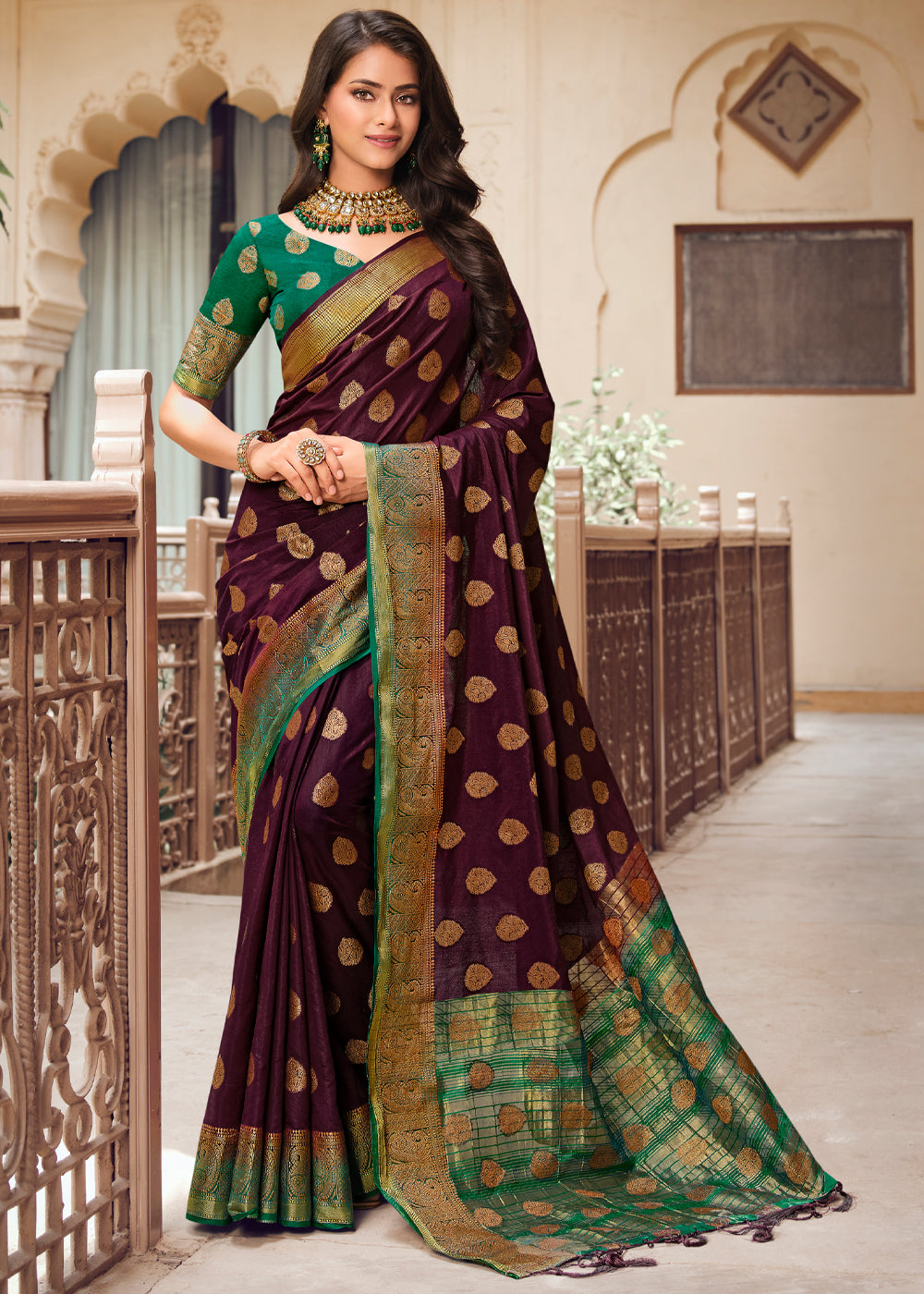 Buy MySilkLove Cedar Dark Maroon Woven Banarasi Raw Silk Saree Online